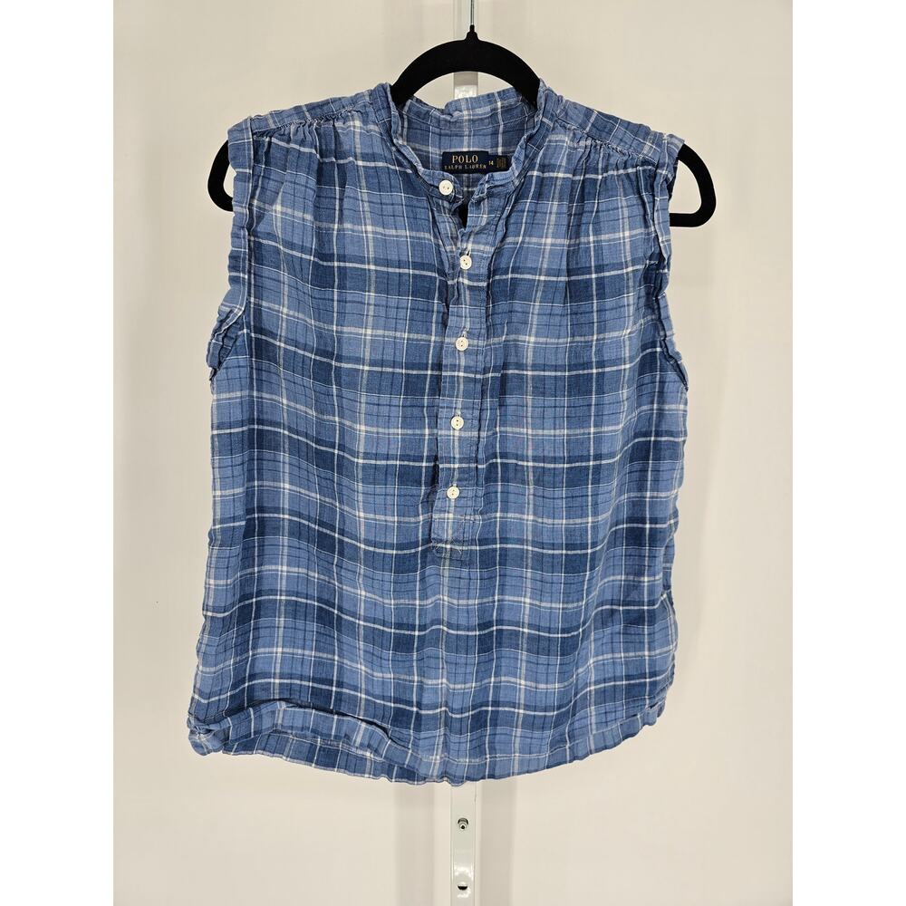 Polo Ralph Lauren Blue Plaid Half Buttoned Sleeveless Dress Shirt Size 14